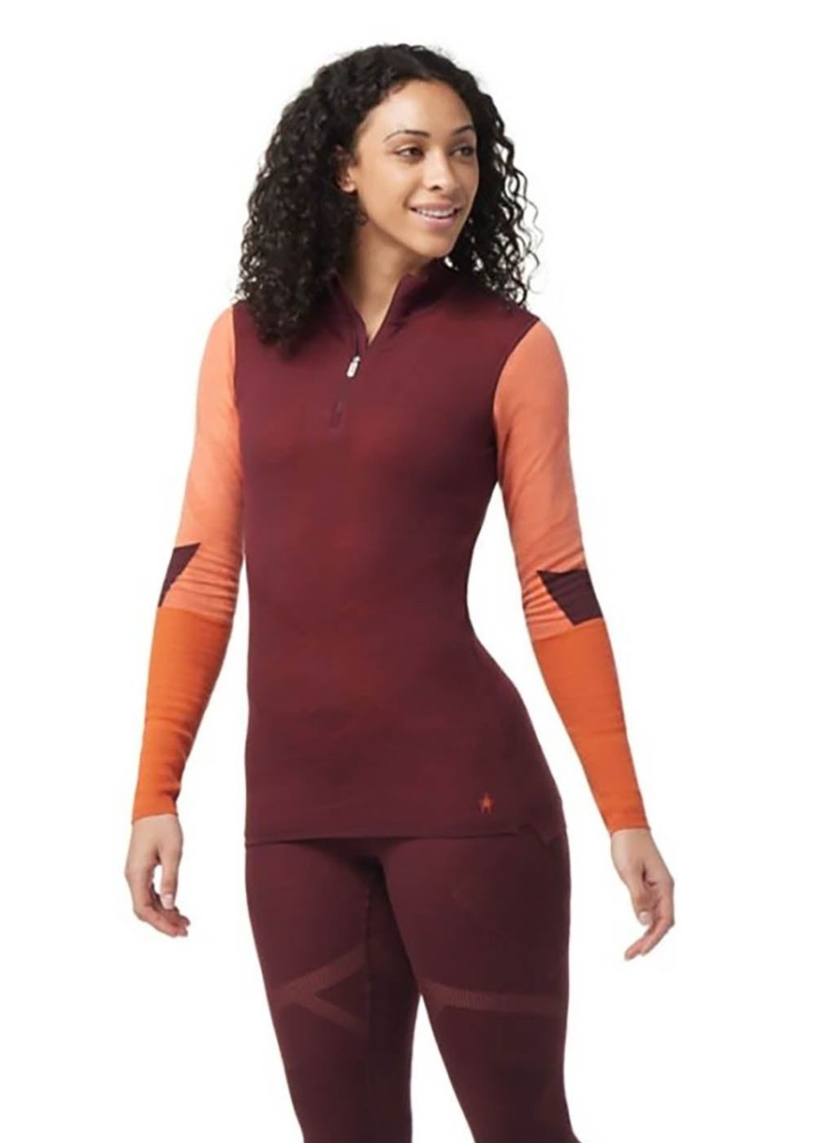 Women Smartwool Baselayer Tops | Women'S Intraknit Thermal Merino Base Layer Colorblock 1/4 Zip Black Cherry